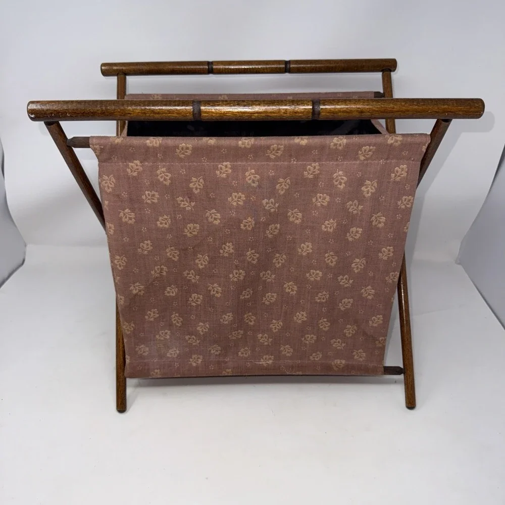 Vintage Folding Wood Frame Sewing Basket Craft Caddy Brown Floral MCM Stain Read